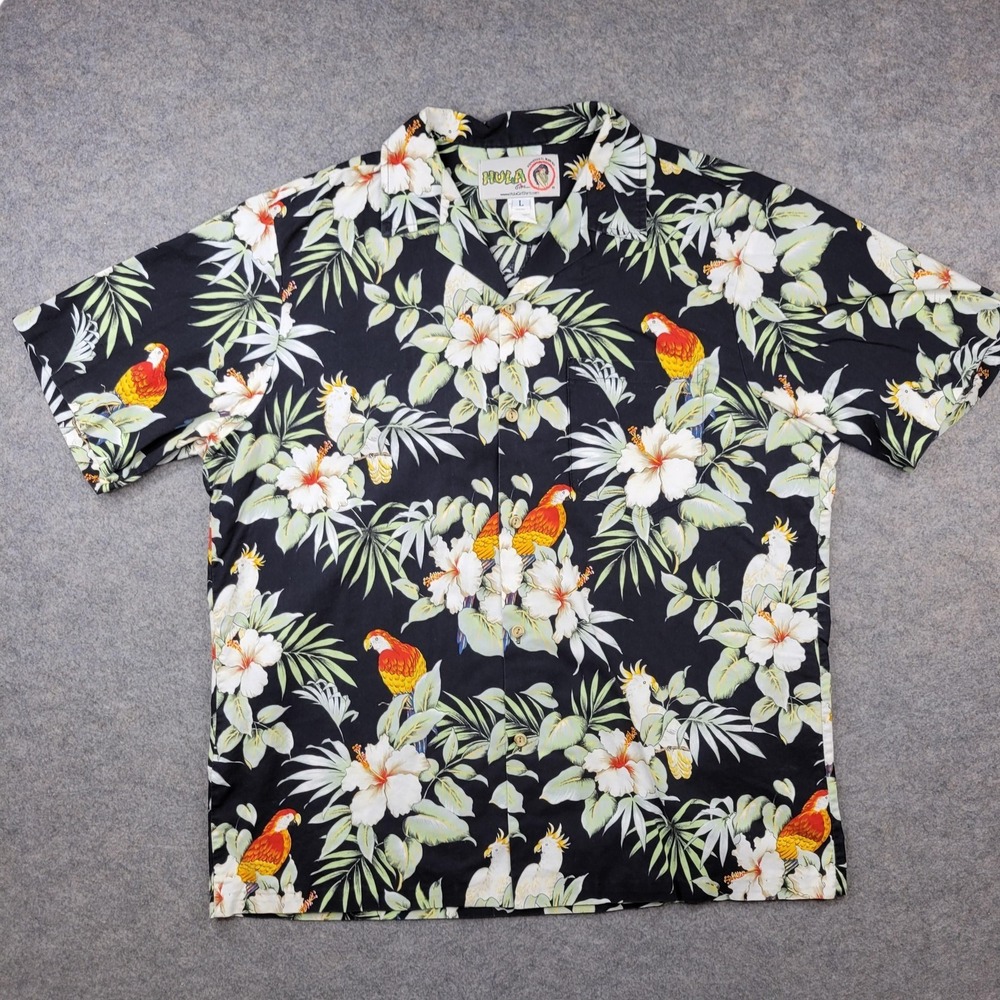 Hula Girl Shirt Mens Large Multicolor Hawaiian Parrot Button Front Short Sleeve
